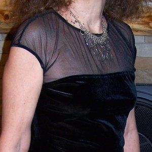 ROBERTA  SEXY SHEER TOP AND FULL OPEN BACK BLACK VELVET MINI DRESS